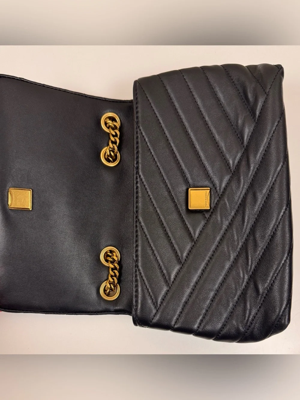 Tory Burch Kira Chevron Convertible Shoulder Bag Black Leather with Dust Bag